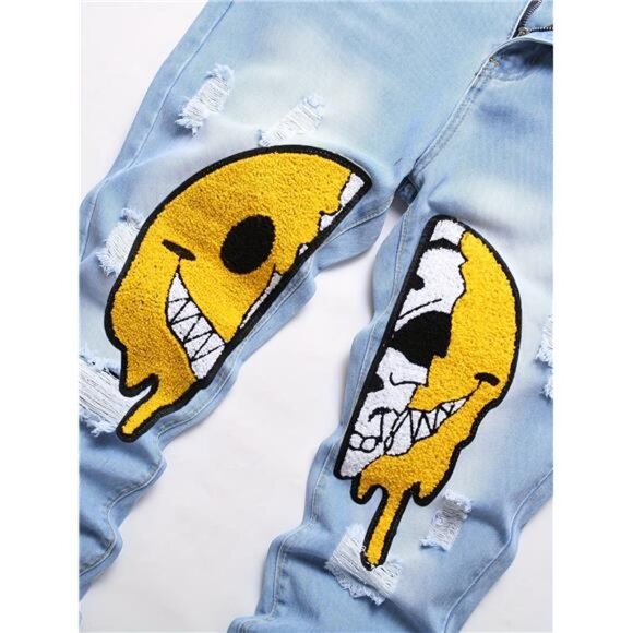 NWT Men's Light Wash Distressed Split Smiley Face Jeans - Picture 4 of 5